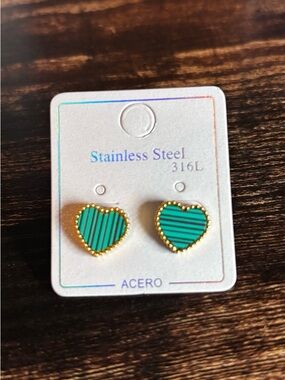 Stainless Steel Heart Stripe Stud Earrings in Teal and Gold Tone